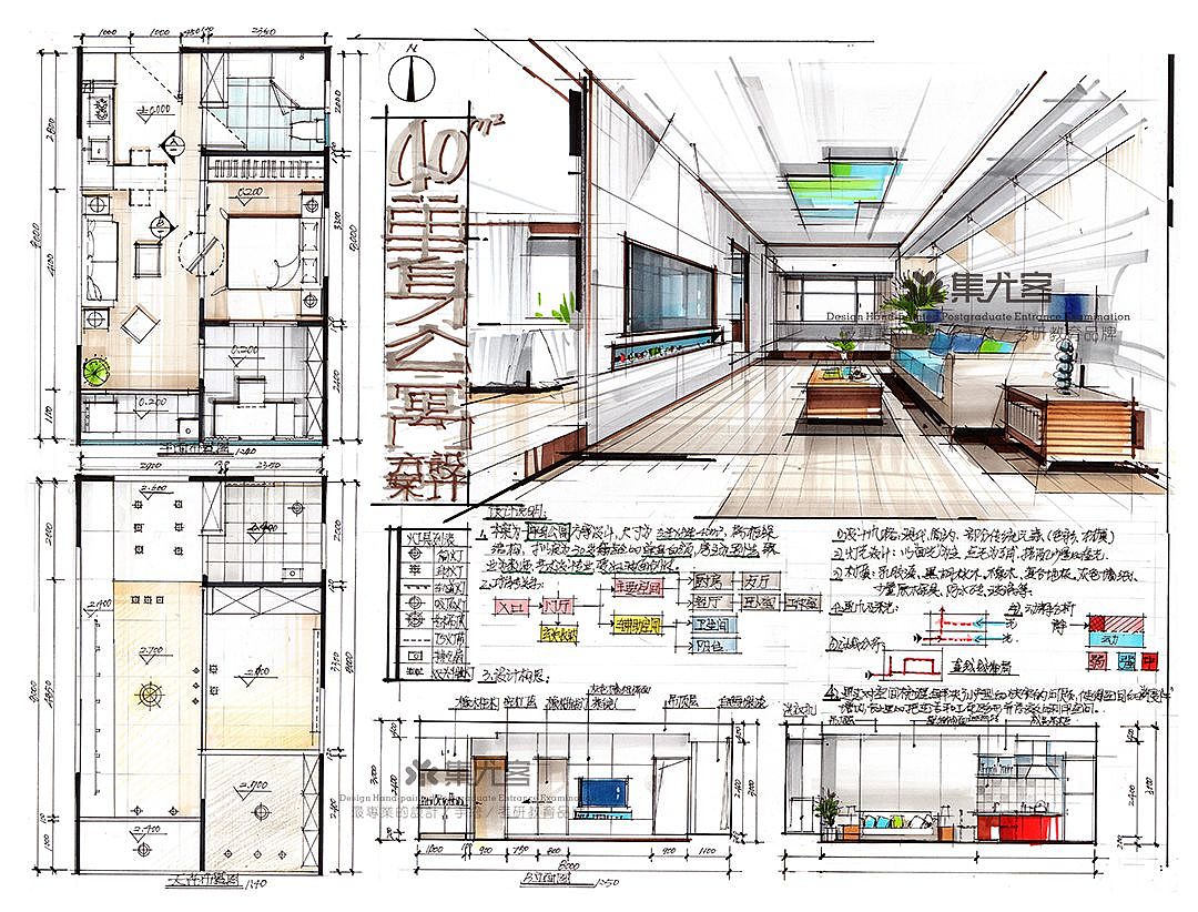 【集尤客考研快题】40㎡单身公寓室内快题设计手绘表达